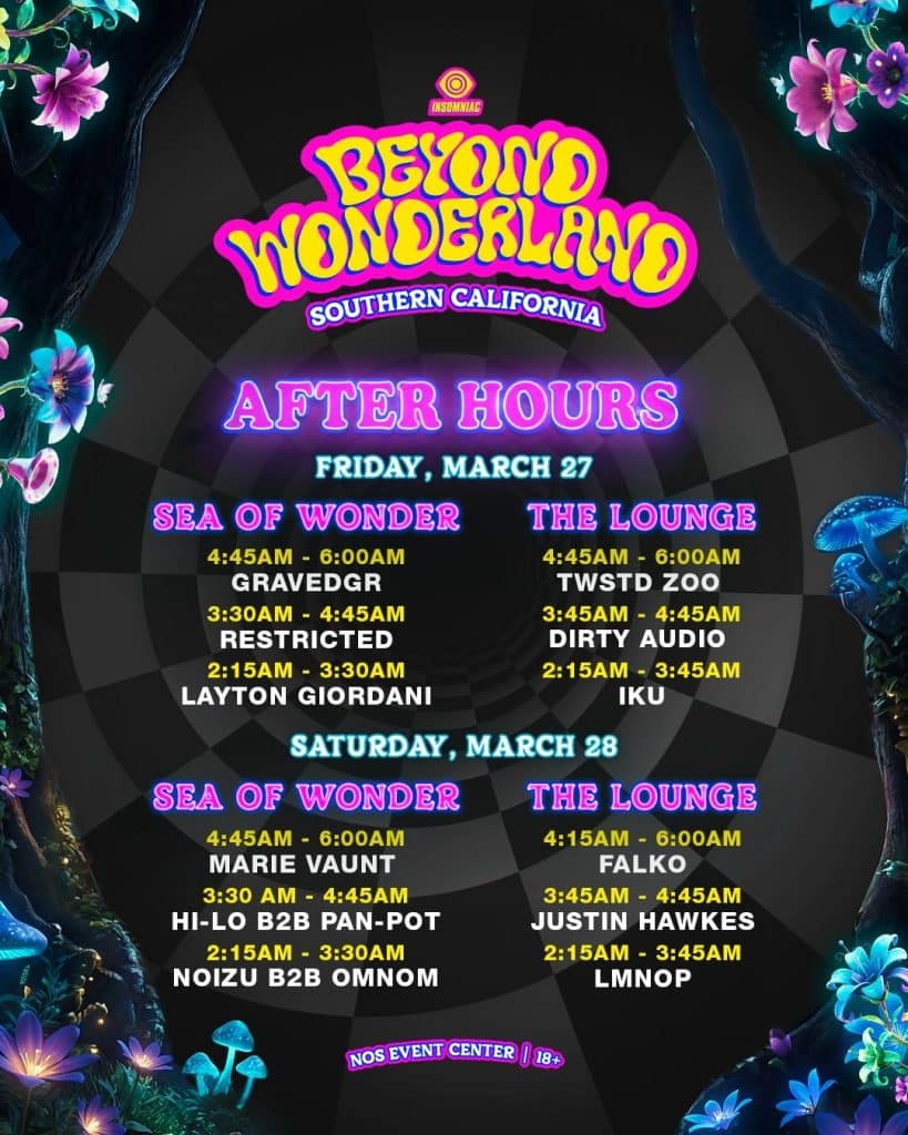 Beyond Wonderland SoCal 2026 After Hours set times, with LMNOP in The Lounge on Saturday, March 28